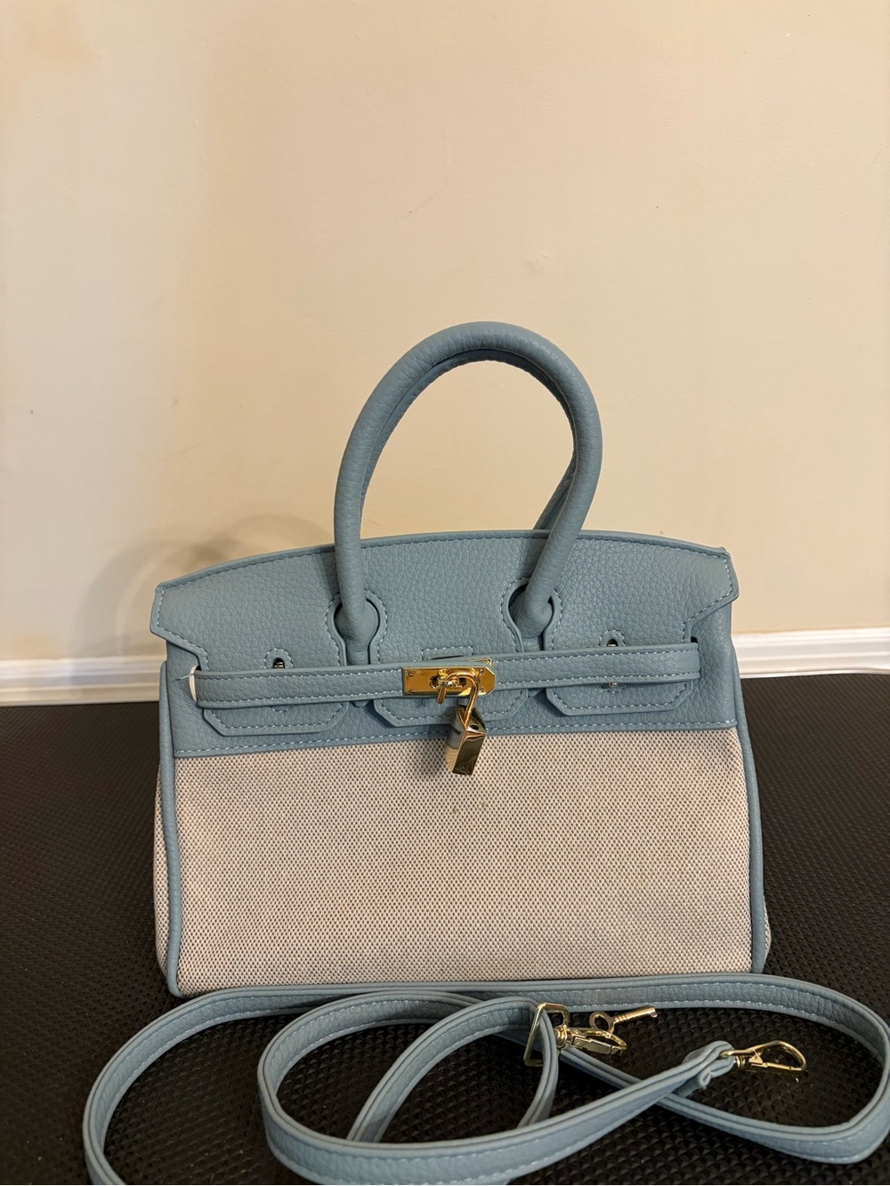 Light Blue Vegan Leather and Canvas Structured Top-Handle Tote